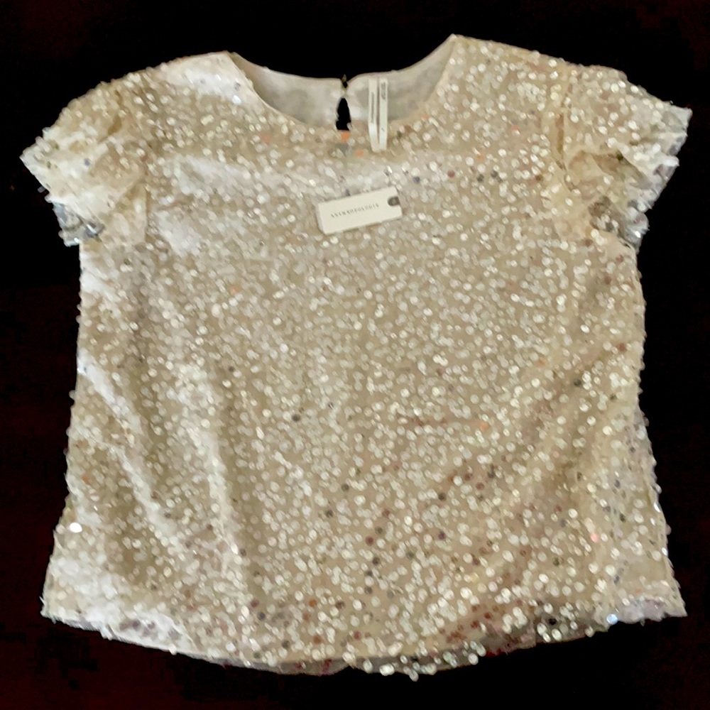 Anthropologie Sz SM Champagne Gold Sequin Ruffle Cap Sleeve Top